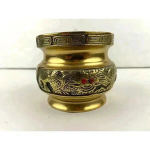 VTG Brass Chinese Dragon Bowl Small Pot Incense Etched Design 3.25" Tall